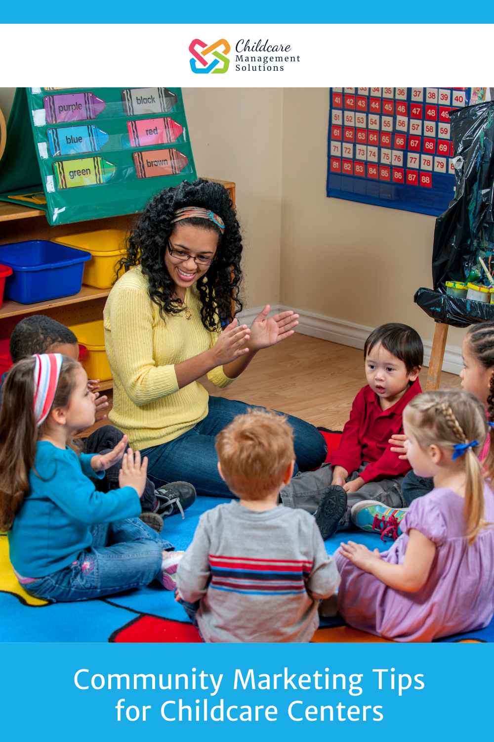 Pinnable graphic for "Community Marketing Tips for Childcare Centers" from Childcare Management Solutions